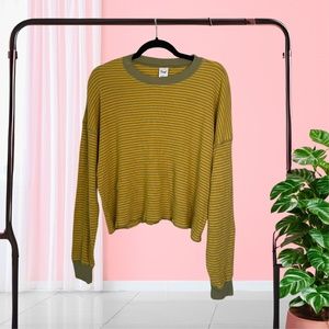 Aritzia TNA Yellow Striped Cropped Waffle Long Sleeve Shirt - Size XL
